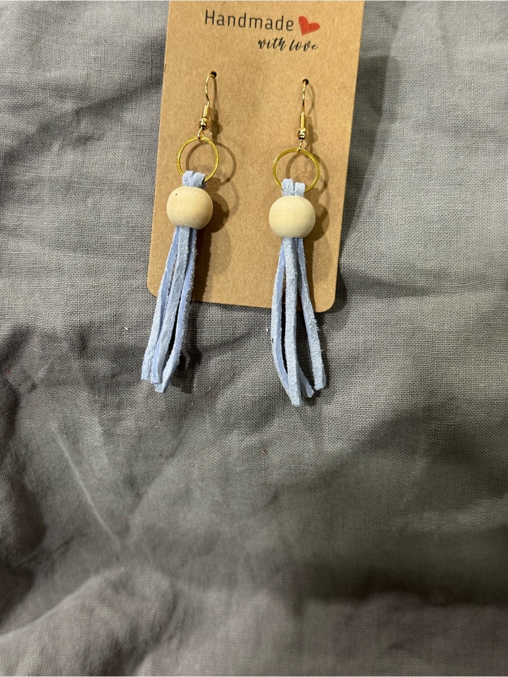 Light Blue Suede Tassel Earrings with Wood Bead